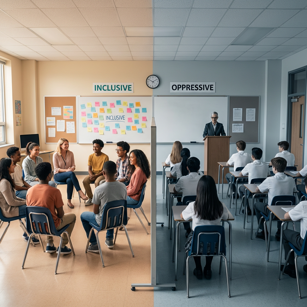 Split classroom image with signs reading INCLUSIVE and OPPRESSIVE, showing collaborative versus rigid environments.