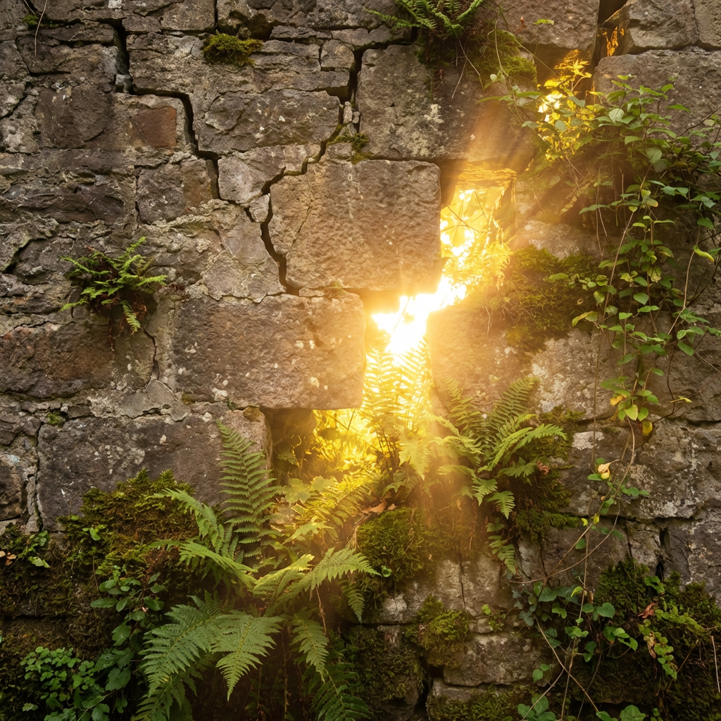 Sunlight streams through a hole in an ancient stone wall covered in ferns and moss.