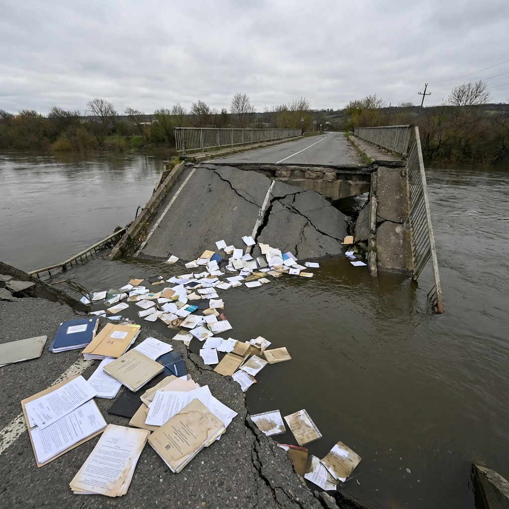 A collapsed concrete bridge over a river with scattered documents on the debris.