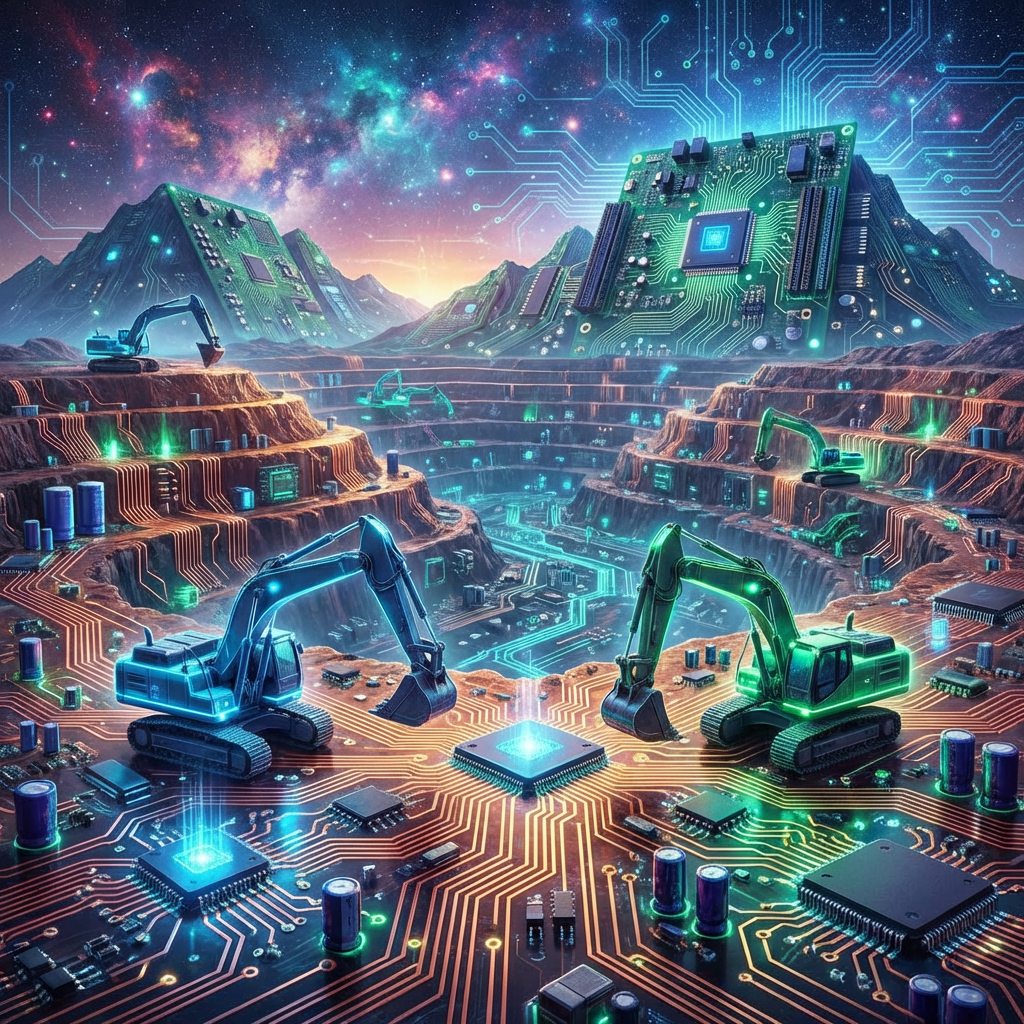 Surreal digital art of excavators mining through a landscape made of computer circuit boards.