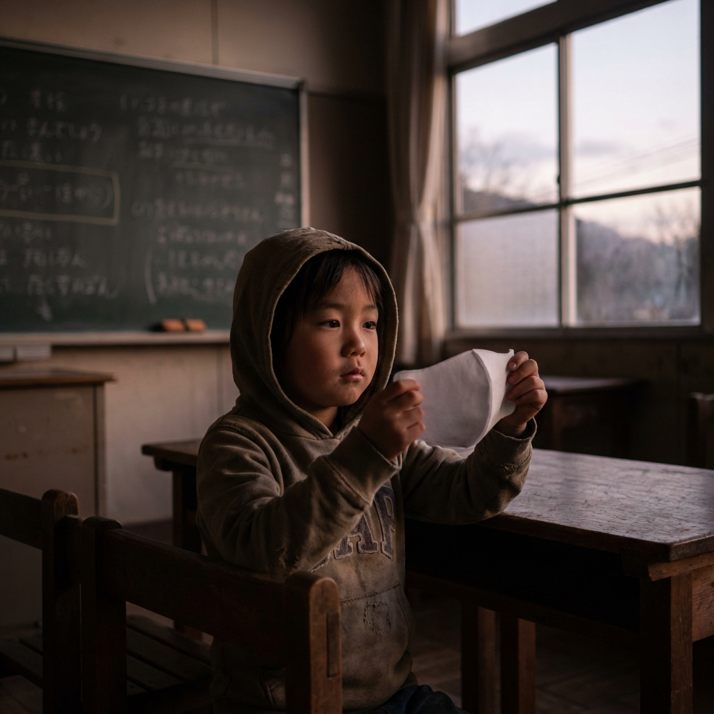 A young child in a hoodie holds a white face mask in a classroom.