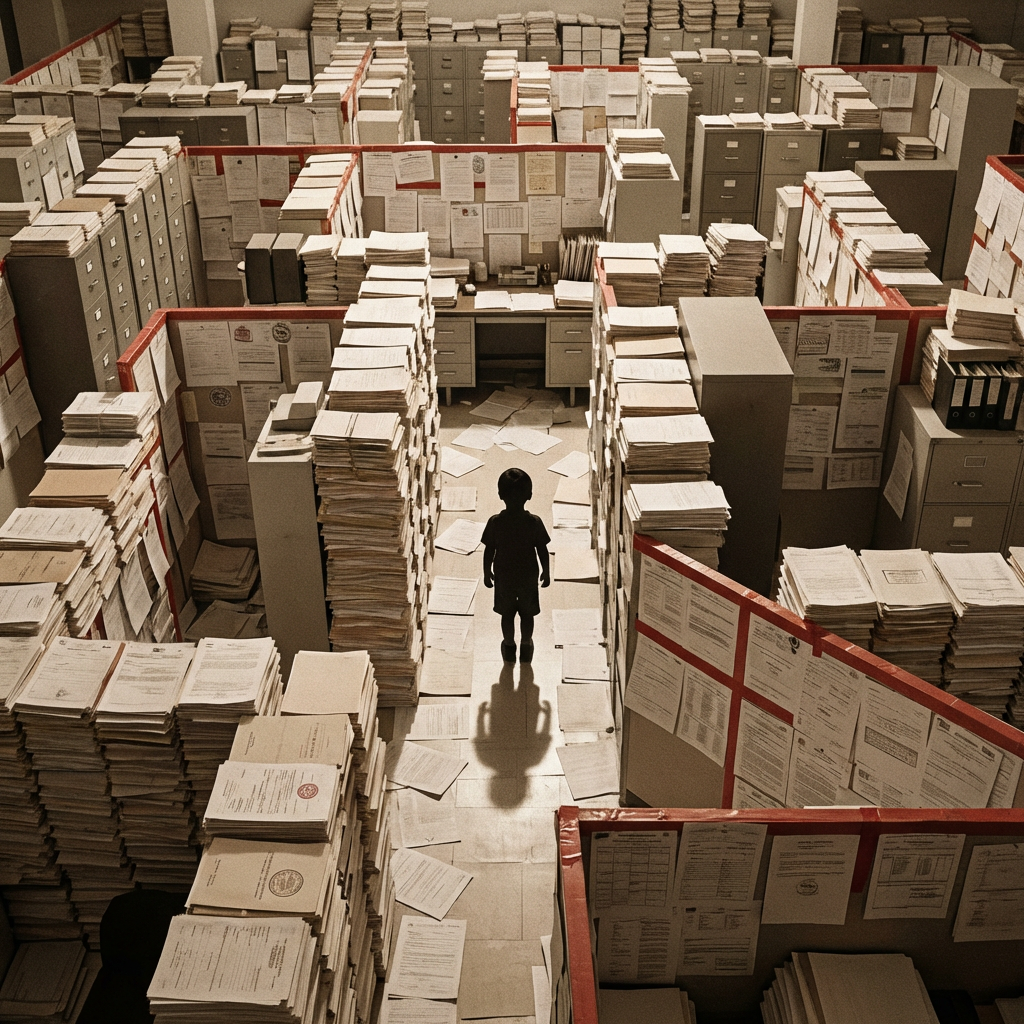 Silhouette of a child standing in the middle of a massive maze of paper stacks.