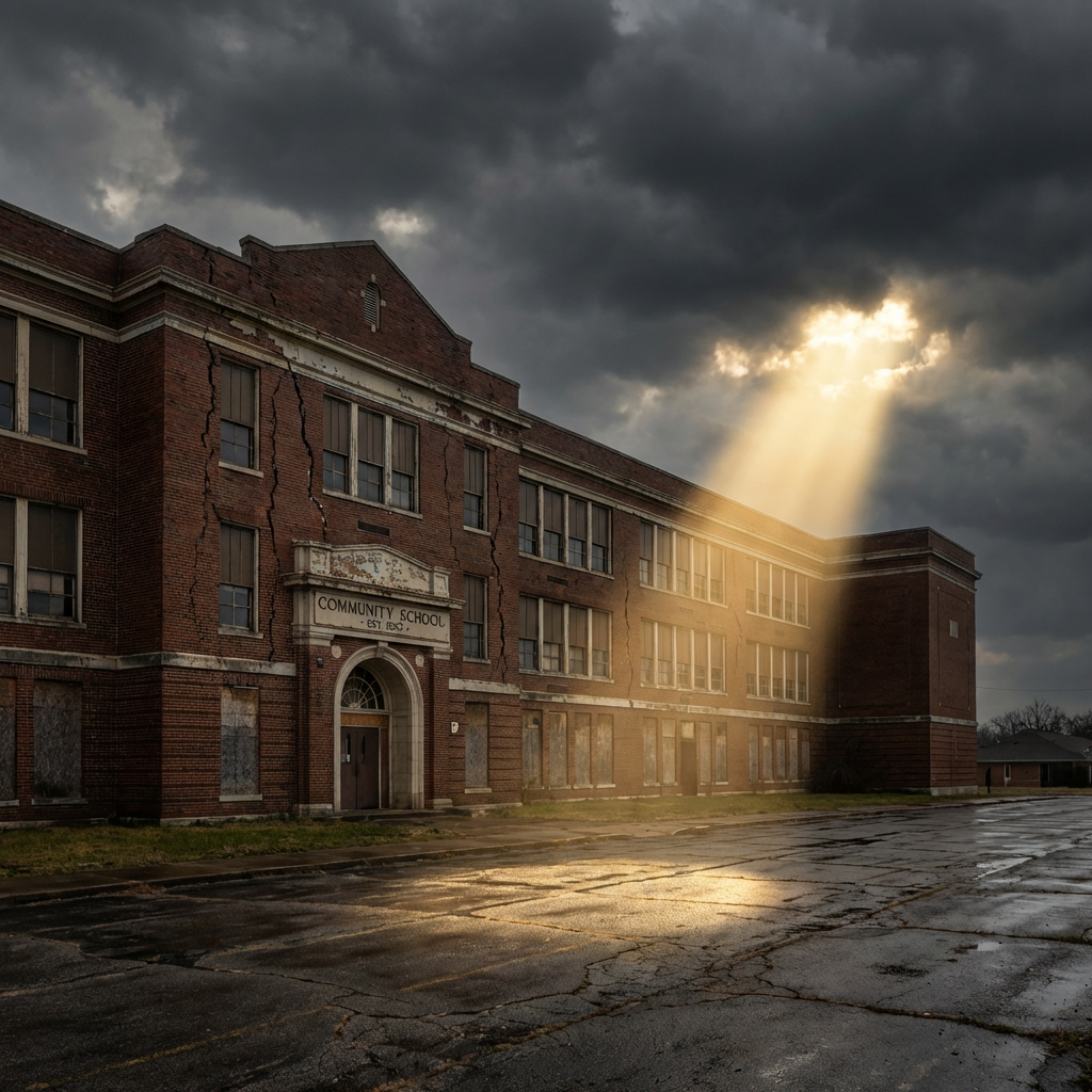 Weathered brick building labeled COMMUNITY SCHOOL EST. 1950 illuminated by a single sunbeam.