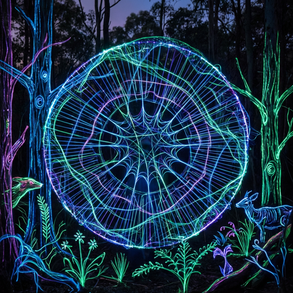 Glowing neon light installation of a large web and animals in a dark forest.