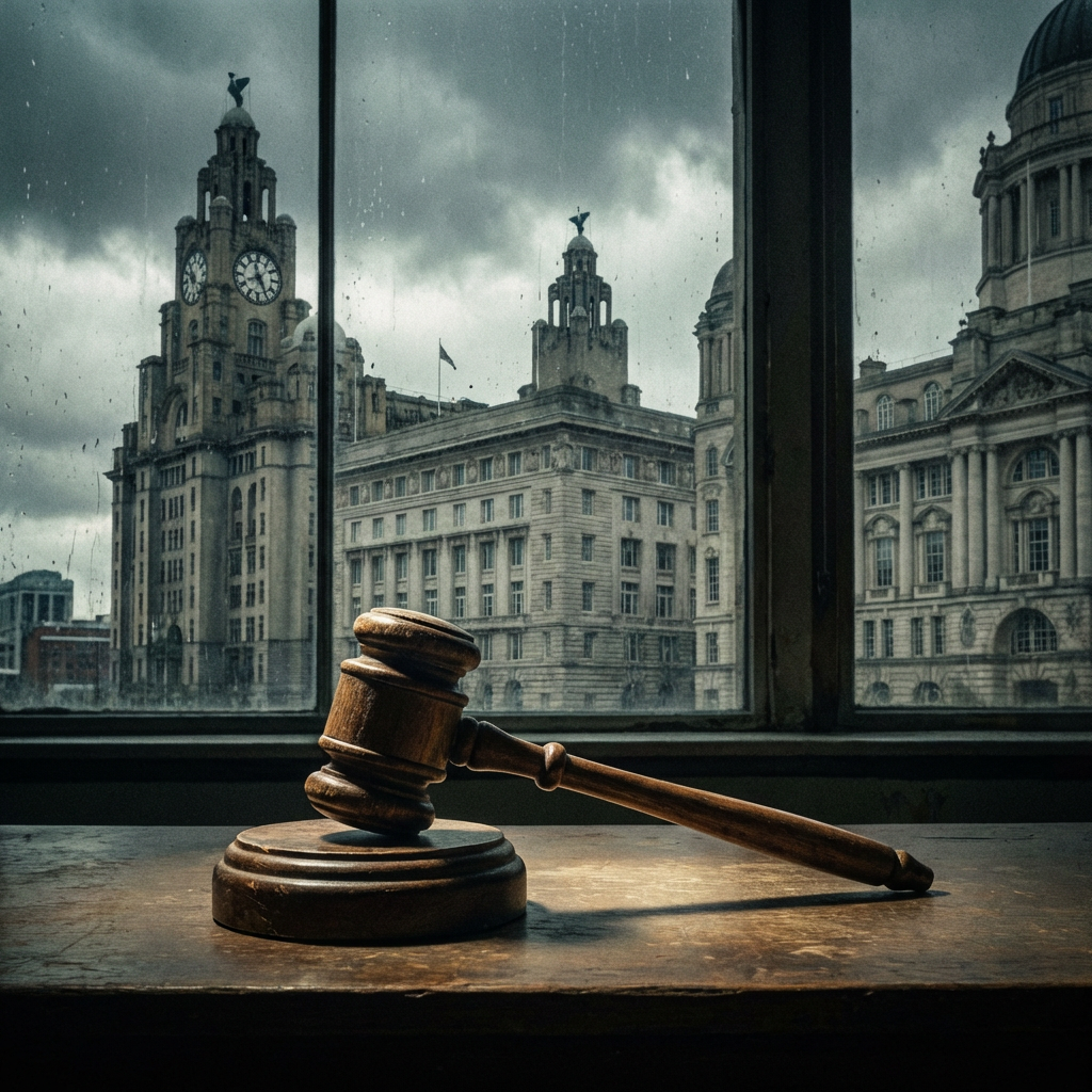 Wooden gavel on a desk with the Three Graces of Liverpool visible through a window.