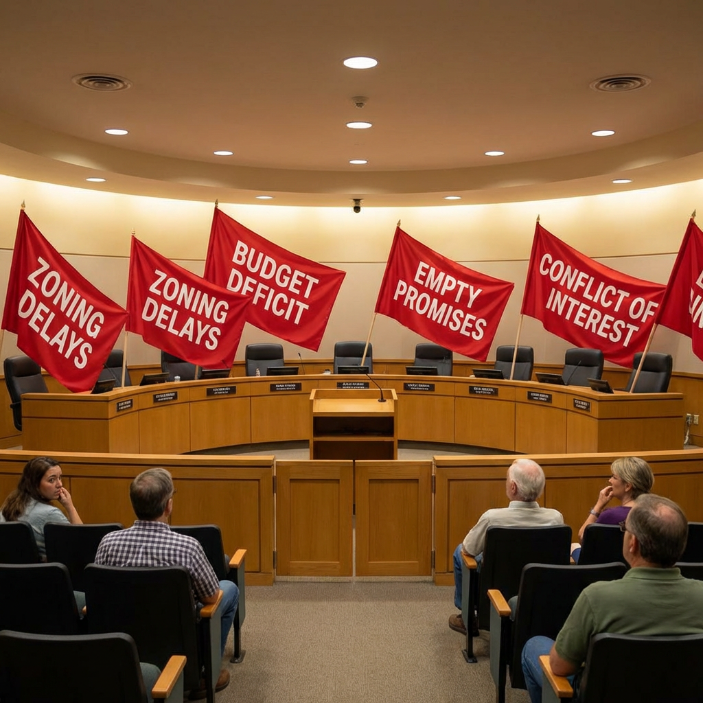 Red flags with political grievances displayed behind an empty city council dais during a meeting.