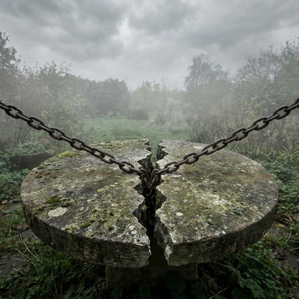Large, mossy round stone split in half with a heavy, rusted iron chain.