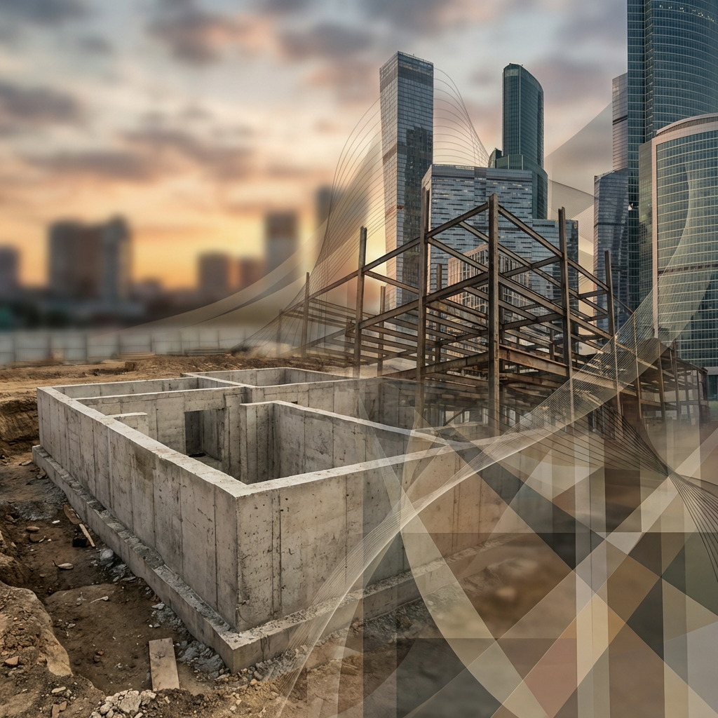Construction site foundation and steel frame layered with modern city skyscrapers at sunset.