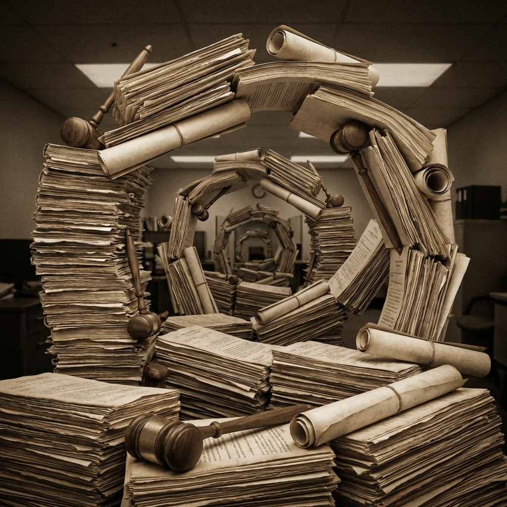 Concentric circles of stacked aged papers and wooden gavels forming an infinite tunnel.