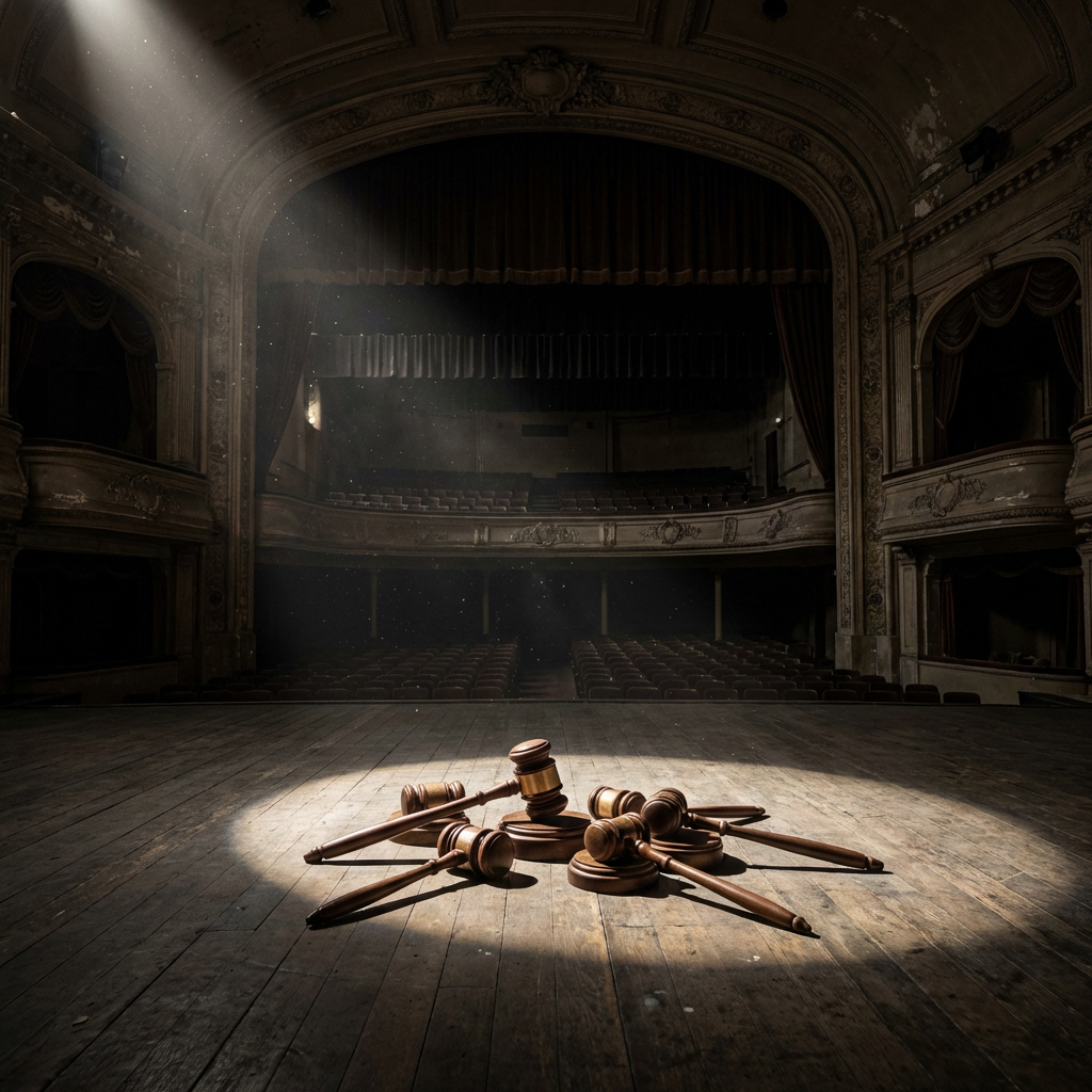 Multiple wooden gavels gathered in a spotlight on an empty, historic theater stage.