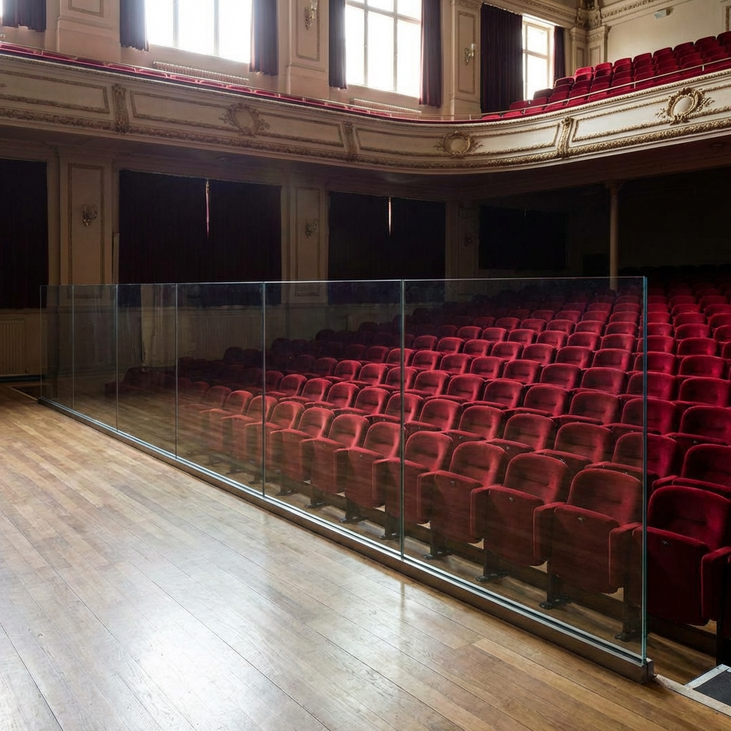 Rows of empty red velvet theater seats behind a modern glass safety partition.