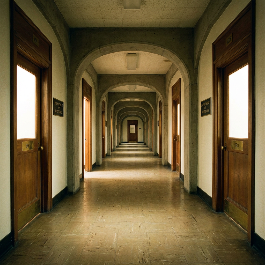 Symmetrical view down a long institutional hallway with concrete arches and rows of wooden doors.