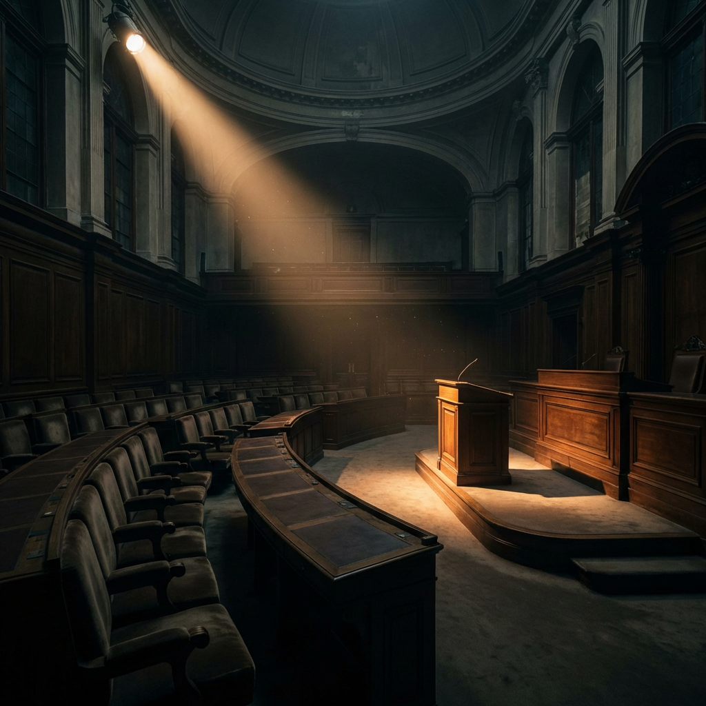 A single spotlight illuminates a wooden lectern in a dark, empty classical auditorium.