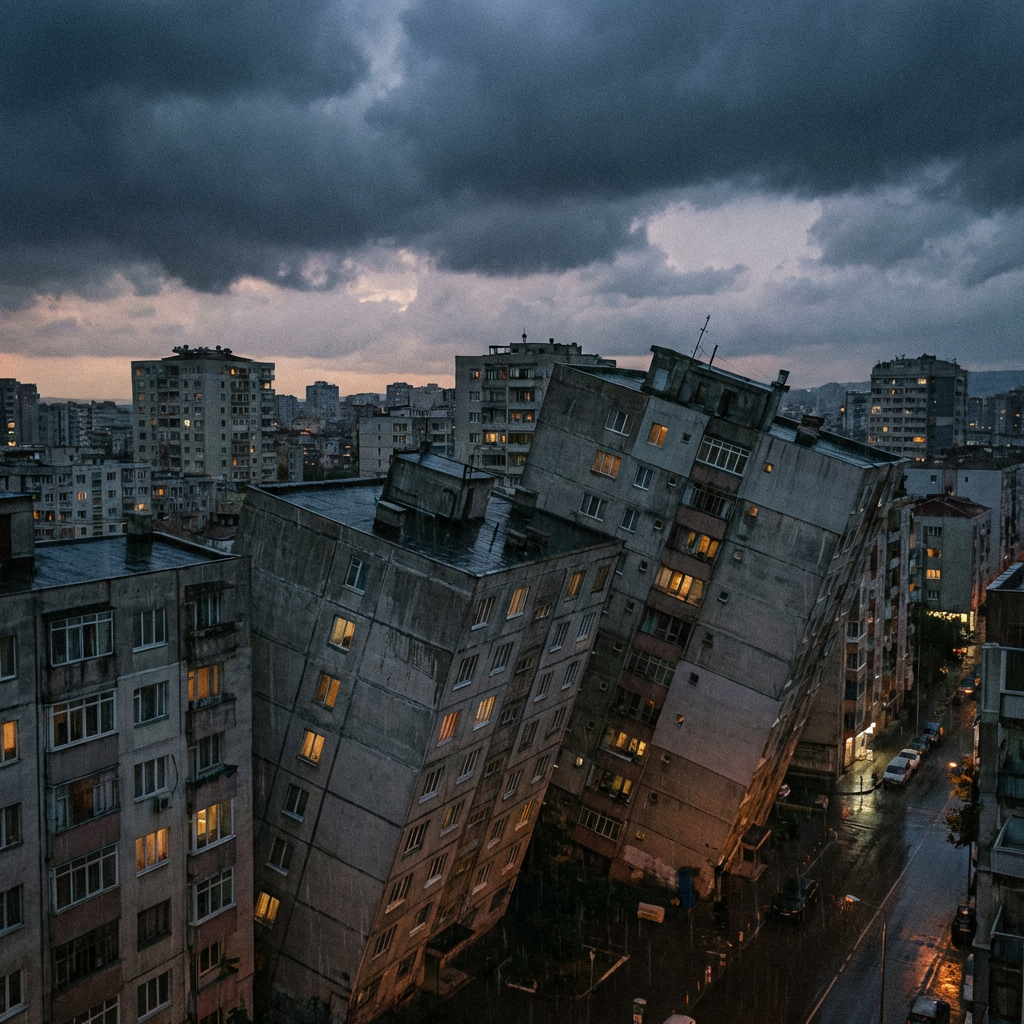 Several grey apartment buildings lean at steep, impossible angles over a city street at dusk.