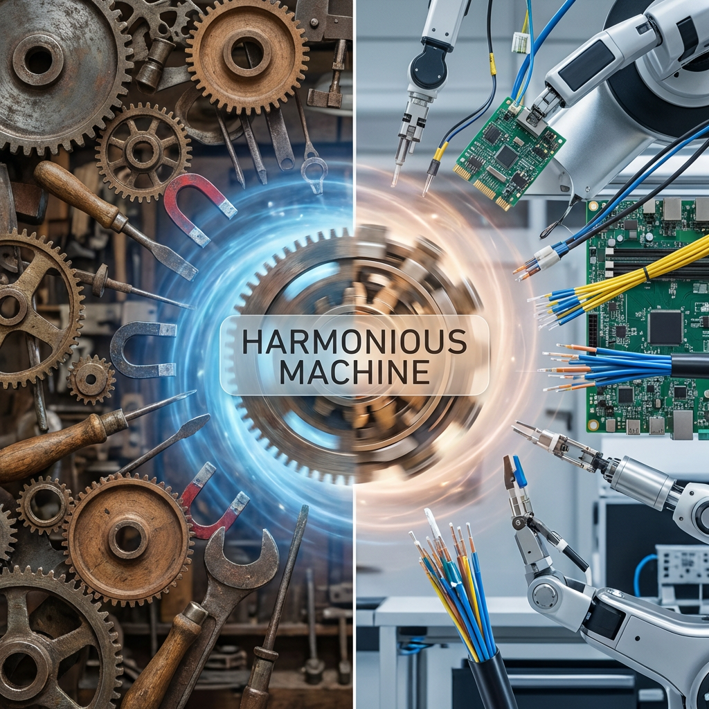 Split view of mechanical gears and robotic arms titled HARMONIOUS MACHINE.