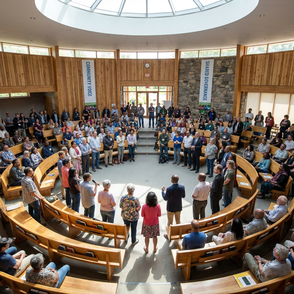 A large group gathers in a circular room for a community meeting about shared governance.