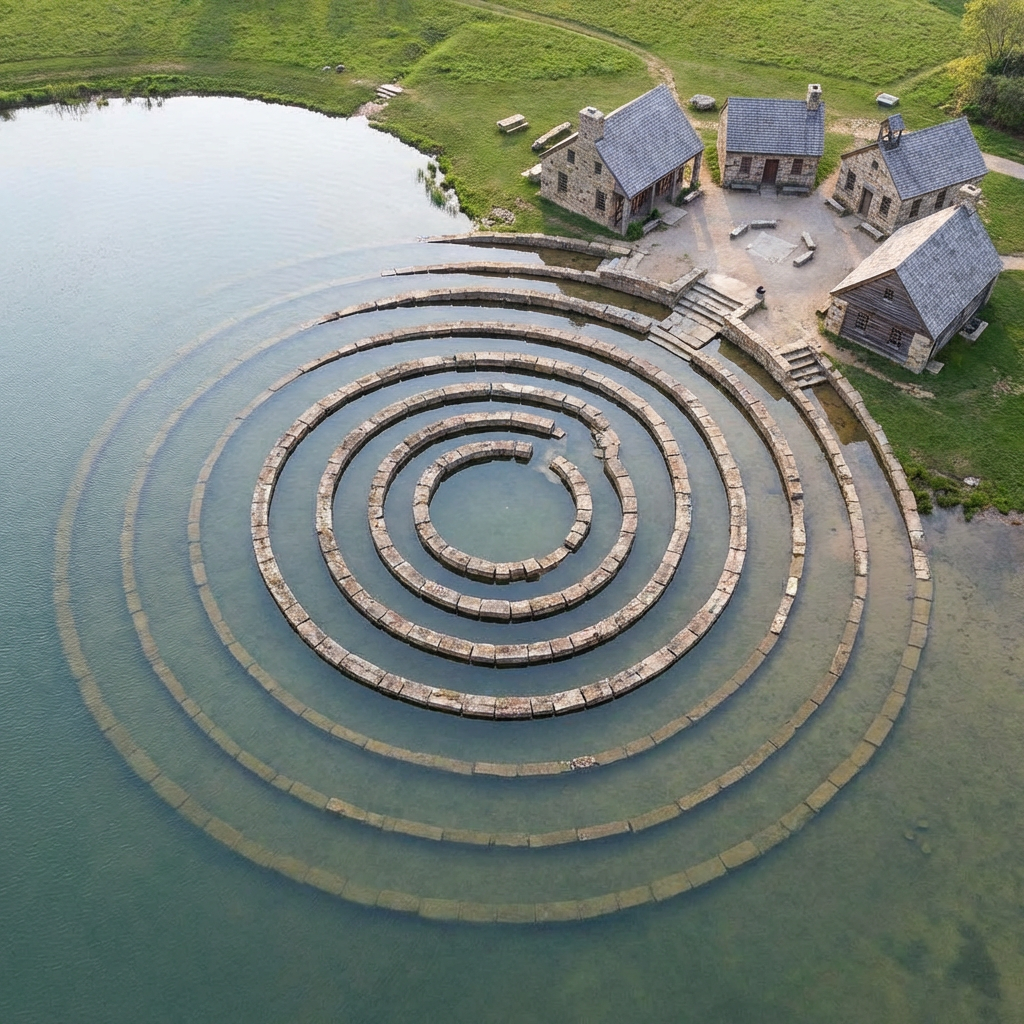 Concentric stone rings forming a labyrinth submerged in a calm lake beside rustic stone houses.