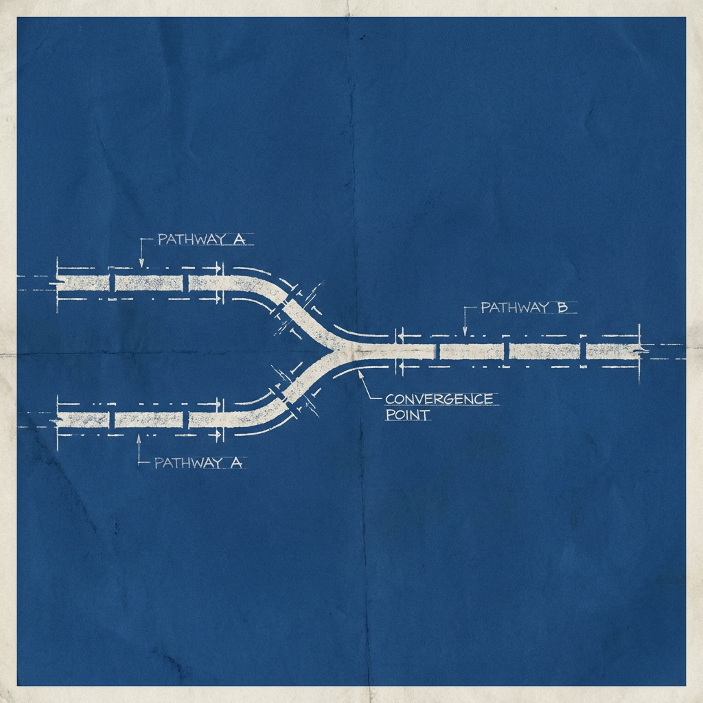 Blueprint showing two lanes labeled PATHWAY A merging at a CONVERGENCE POINT into PATHWAY B.