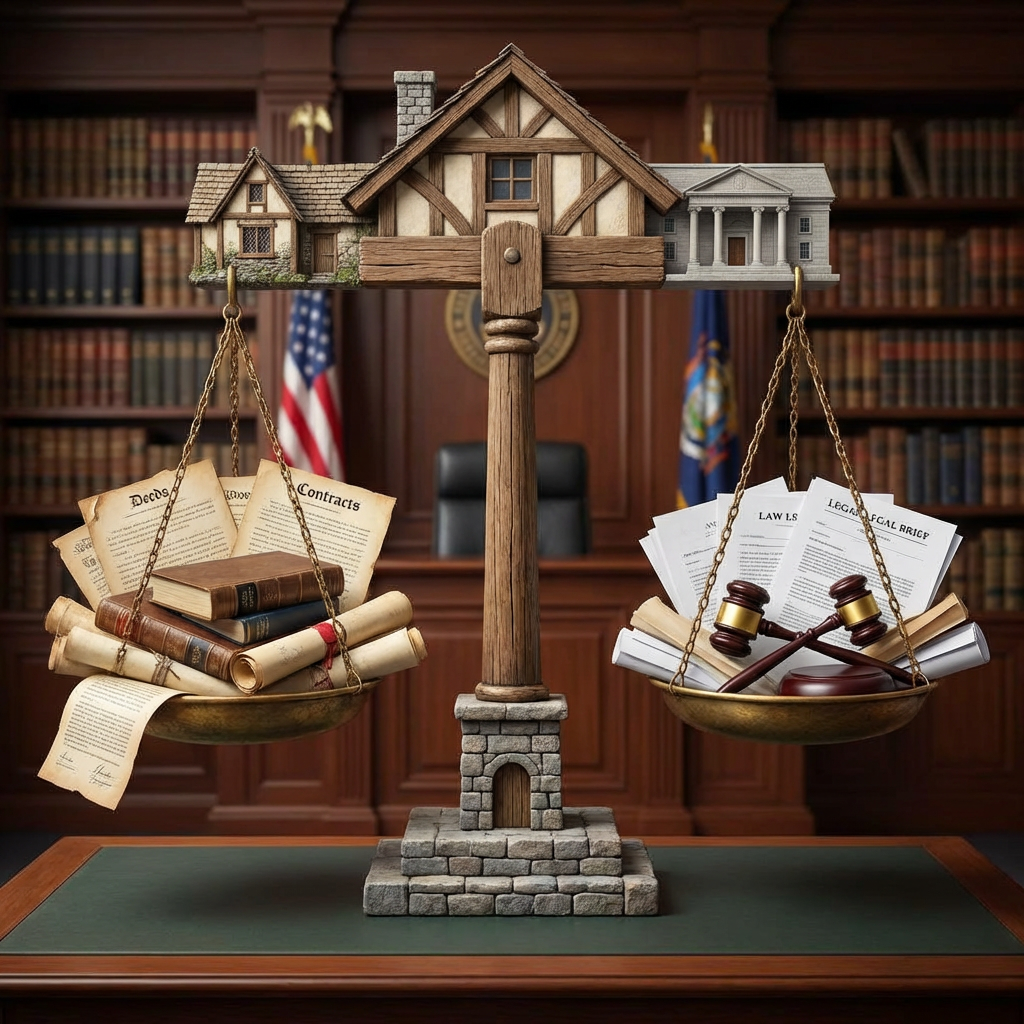 Scales balancing documents marked Deeds and Contracts against modern Law and Legal Brief papers.