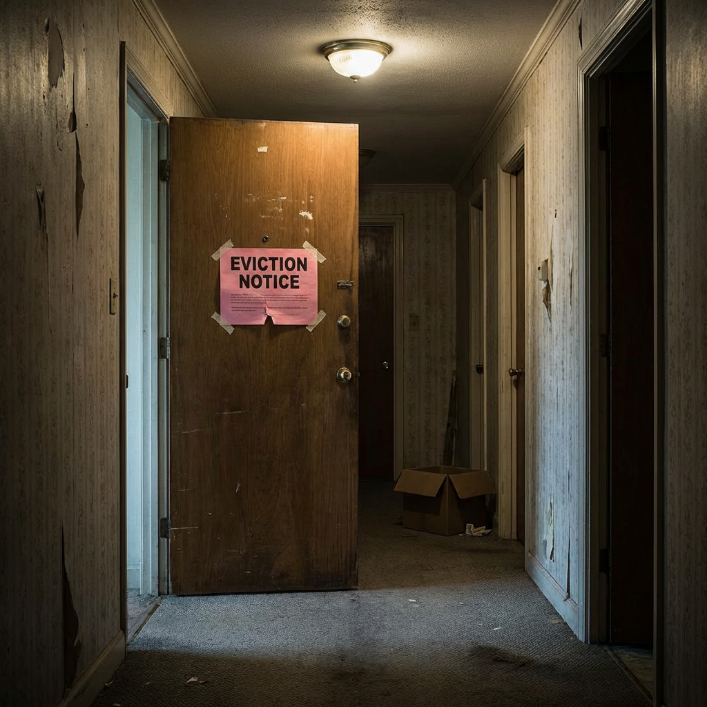 A pink 'EVICTION NOTICE' sign taped to a wooden door in a run-down hallway.