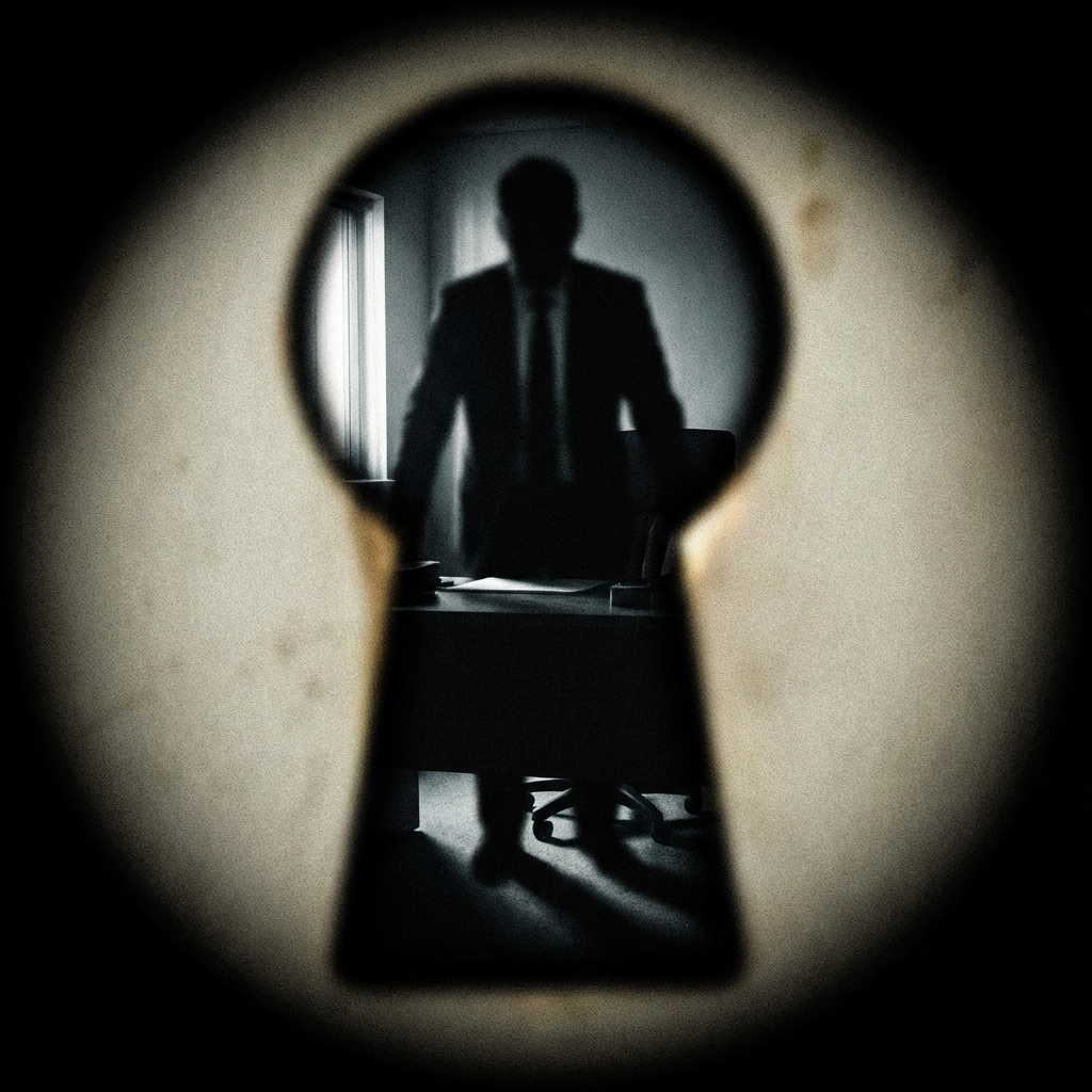 A silhouette of a man in a suit viewed through a keyhole aperture.