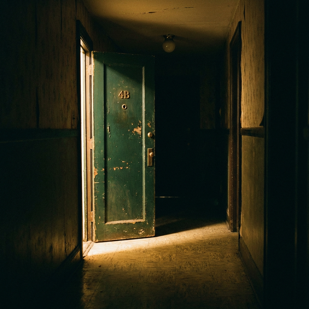 A weathered green door labeled 4B cracked open, spilling light into a dark, gritty hallway.