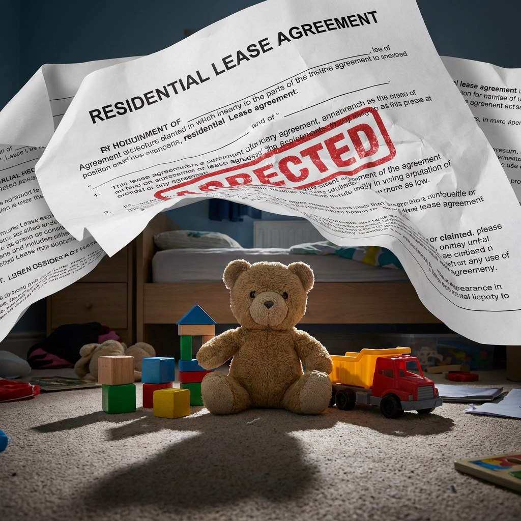 Rejected residential lease agreement hanging over a teddy bear and children's toys in a bedroom.