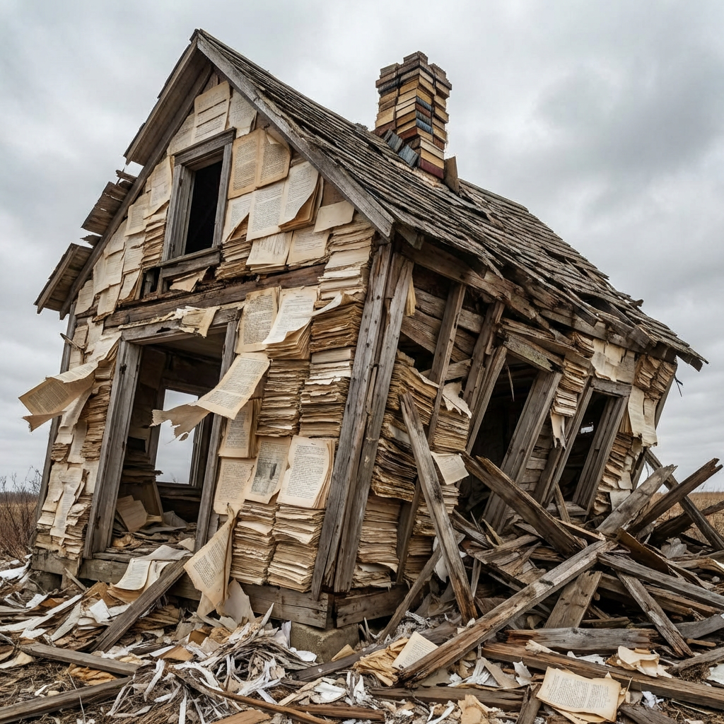 A decaying wooden house with walls and a chimney composed of book pages.