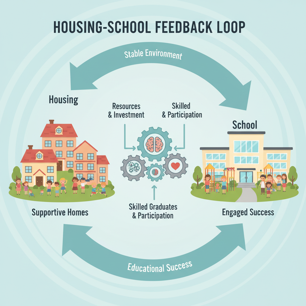Diagram showing the cyclical relationship between housing and school through environmental stability and educational success.