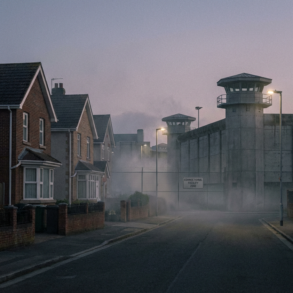 Foggy street with houses next to a prison sign reading CORRECTIONAL FACILITY ZONE.