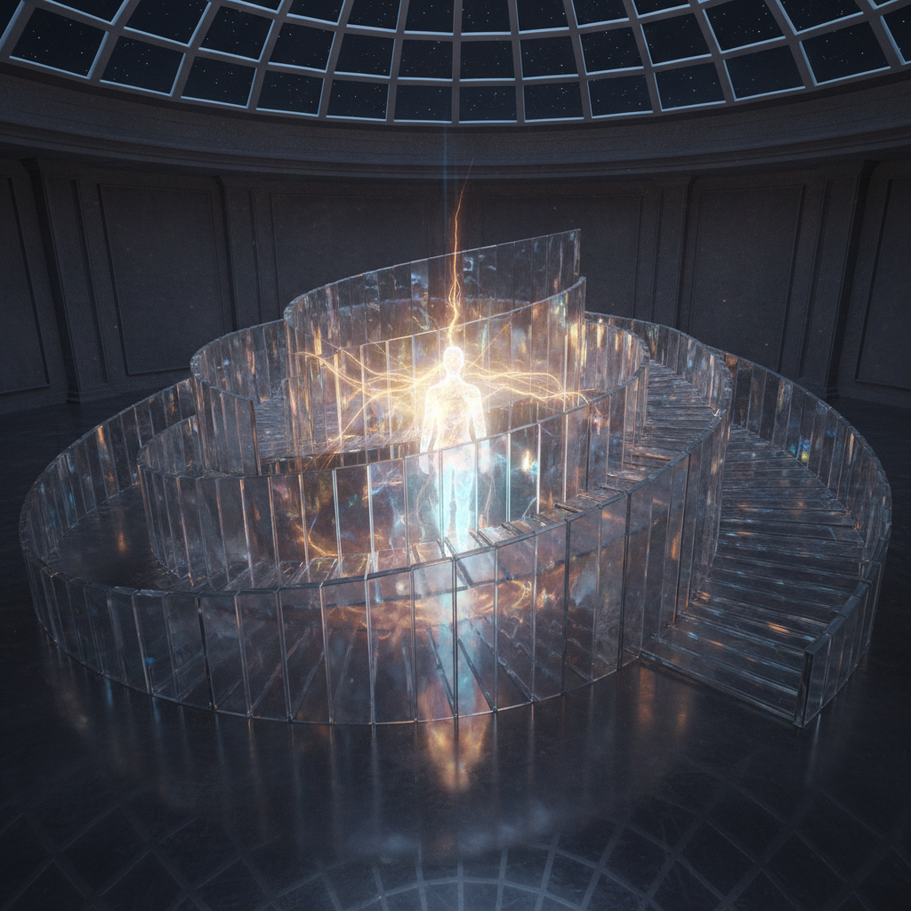 Luminous human silhouette standing in a spiral of glass panels beneath a starry night sky.