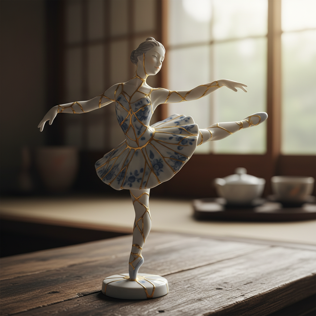 A porcelain ballerina figurine repaired with gold kintsugi joinery on a wooden table.