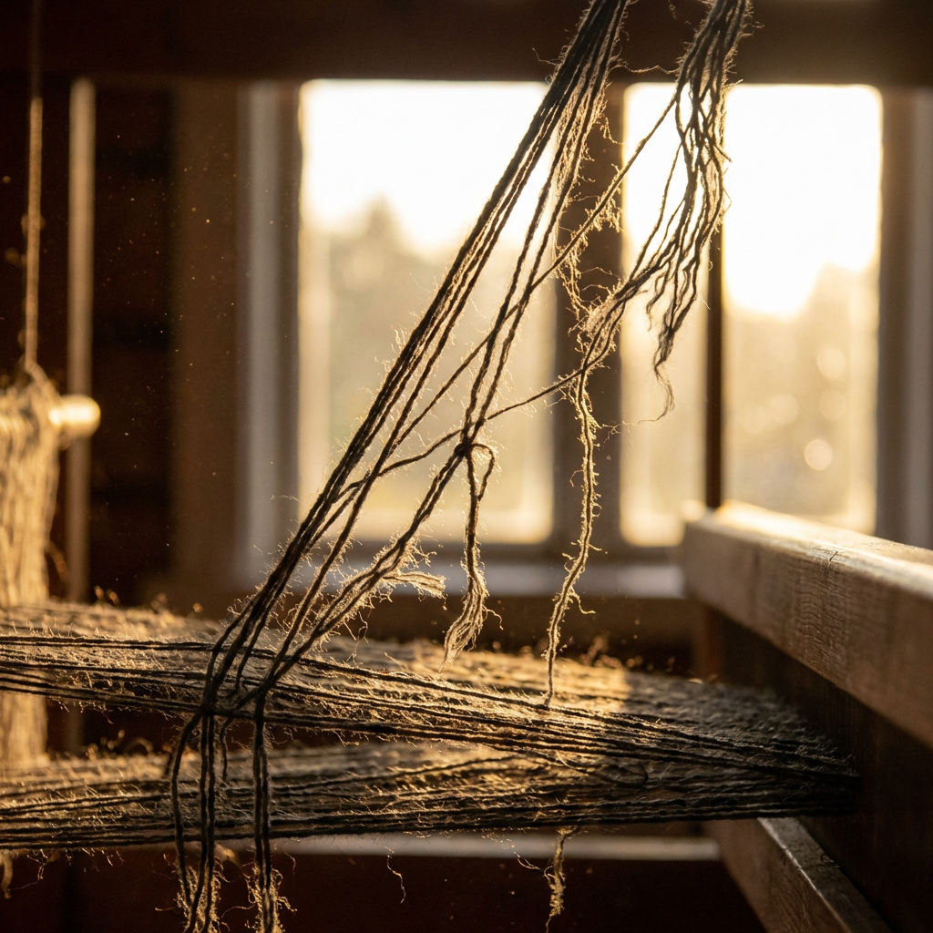 Coarse textile threads on a wooden loom illuminated by warm sunlight from a window.