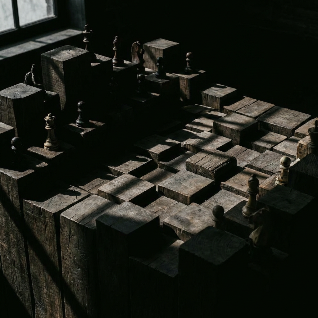 A chess set featuring pieces on uneven wooden blocks of varying heights in dramatic lighting.