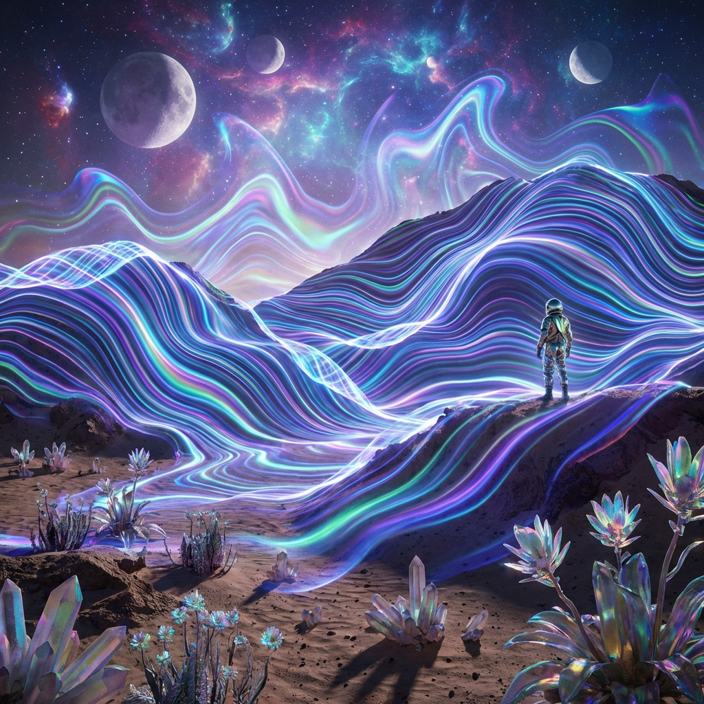An astronaut gazes at vibrant, wavy neon hills under a cosmic sky with multiple moons.