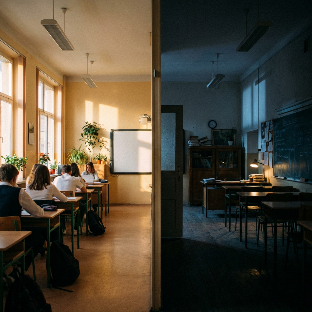 Split image showing a sunlit classroom with students and an empty, dark classroom at night.