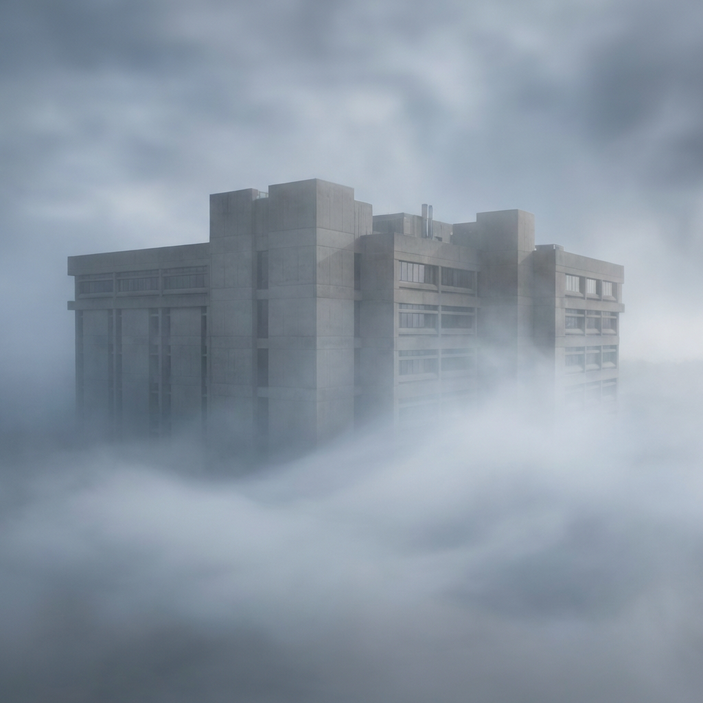 A large brutalist concrete building partially obscured by thick, swirling white fog and grey clouds.
