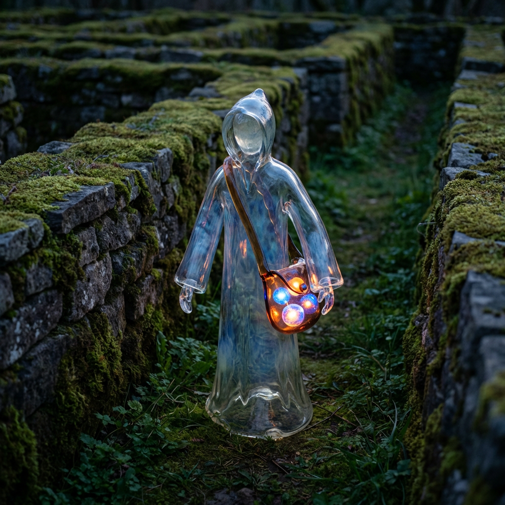 A translucent glass figure with glowing orbs stands inside a mossy stone labyrinth path.
