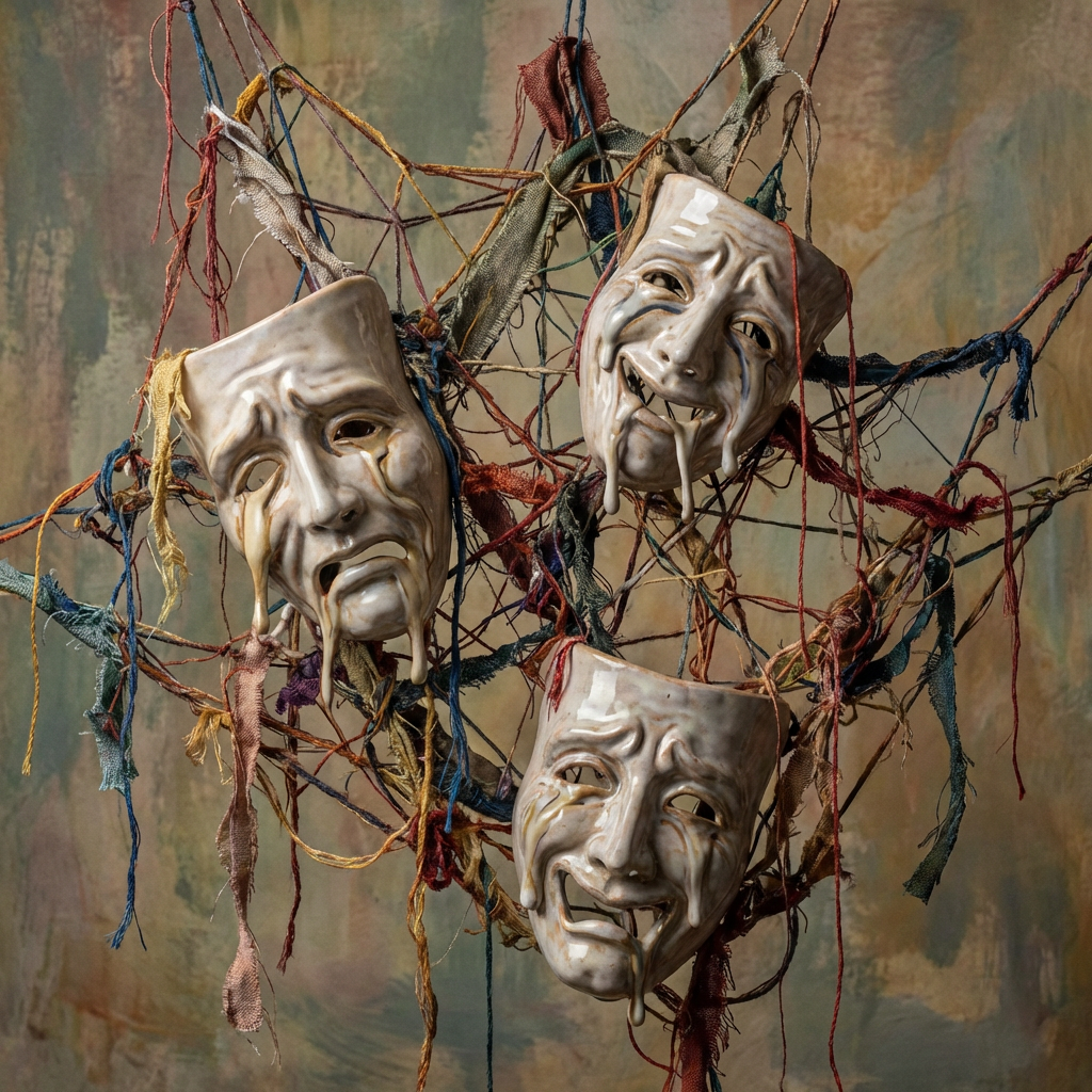 Three weeping ceramic tragedy masks tangled in a multicolored web of thread and fabric.
