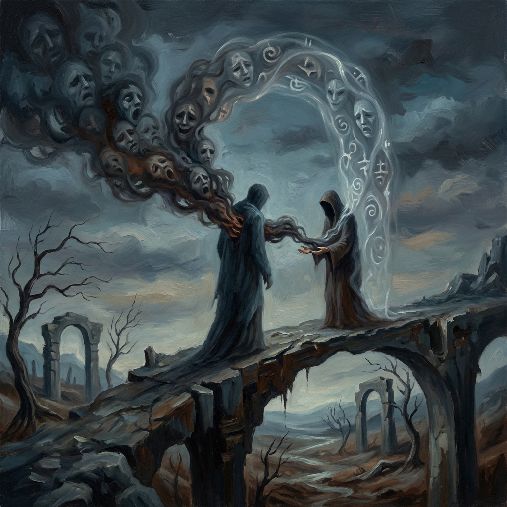 Two hooded figures on a ruined bridge with swirling dark and light faces.