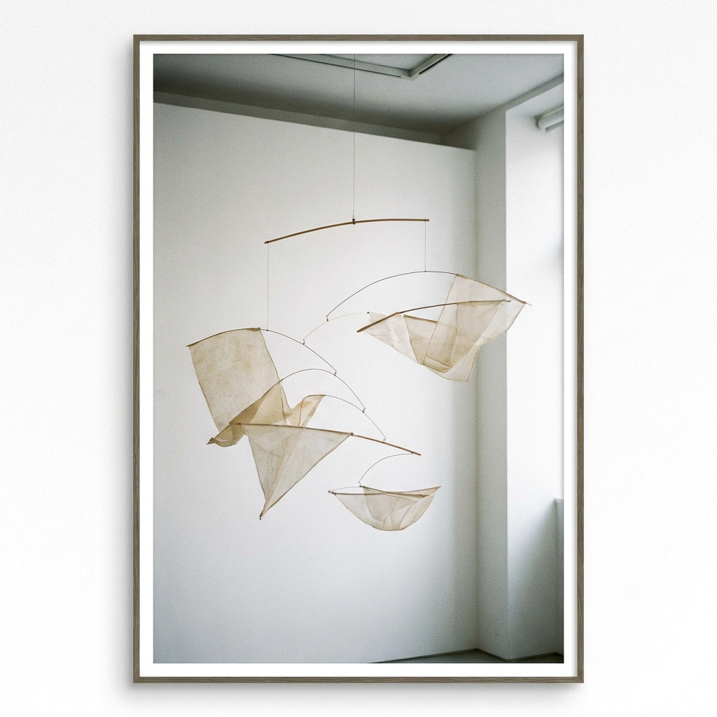 Abstract mobile sculpture with translucent fabric elements hanging in a bright white gallery.