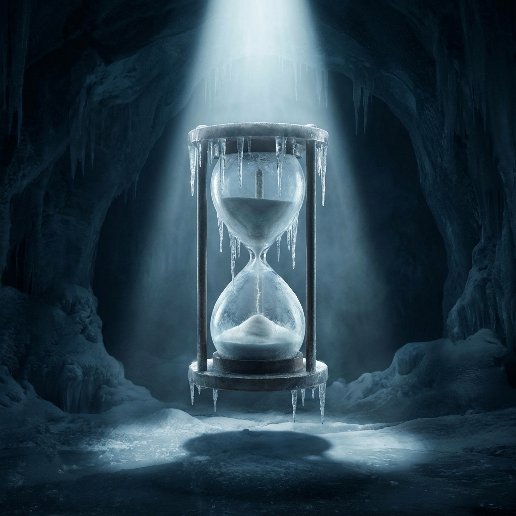Frozen hourglass with icicles under a beam of light in an icy cave.