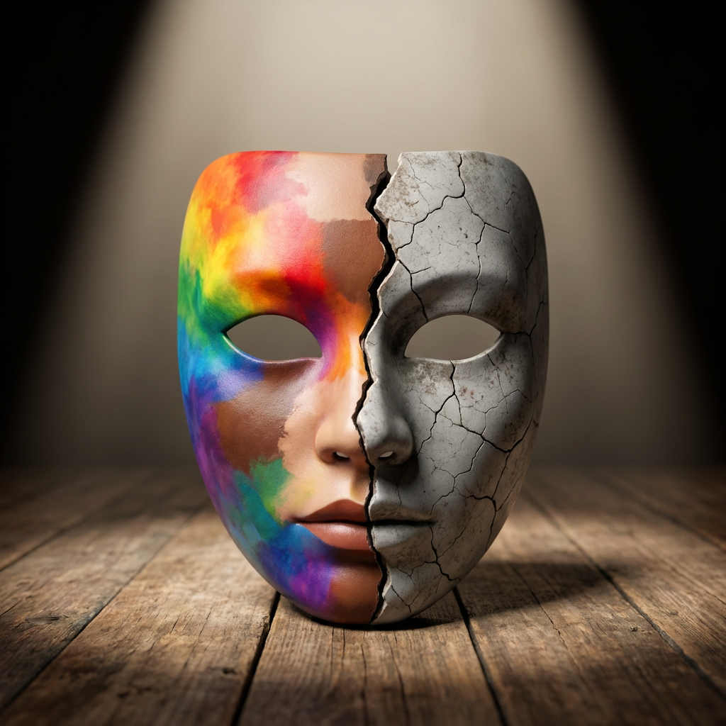 Mask split vertically between colorful paint splatters and cracked gray stone on wooden floor.