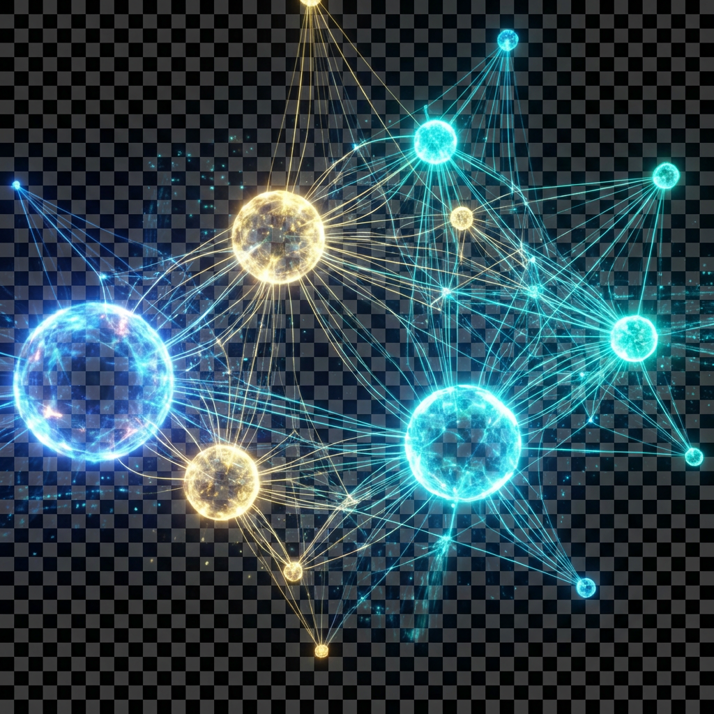 A complex network of interconnected glowing blue and gold orbs on a dark checkerboard background.