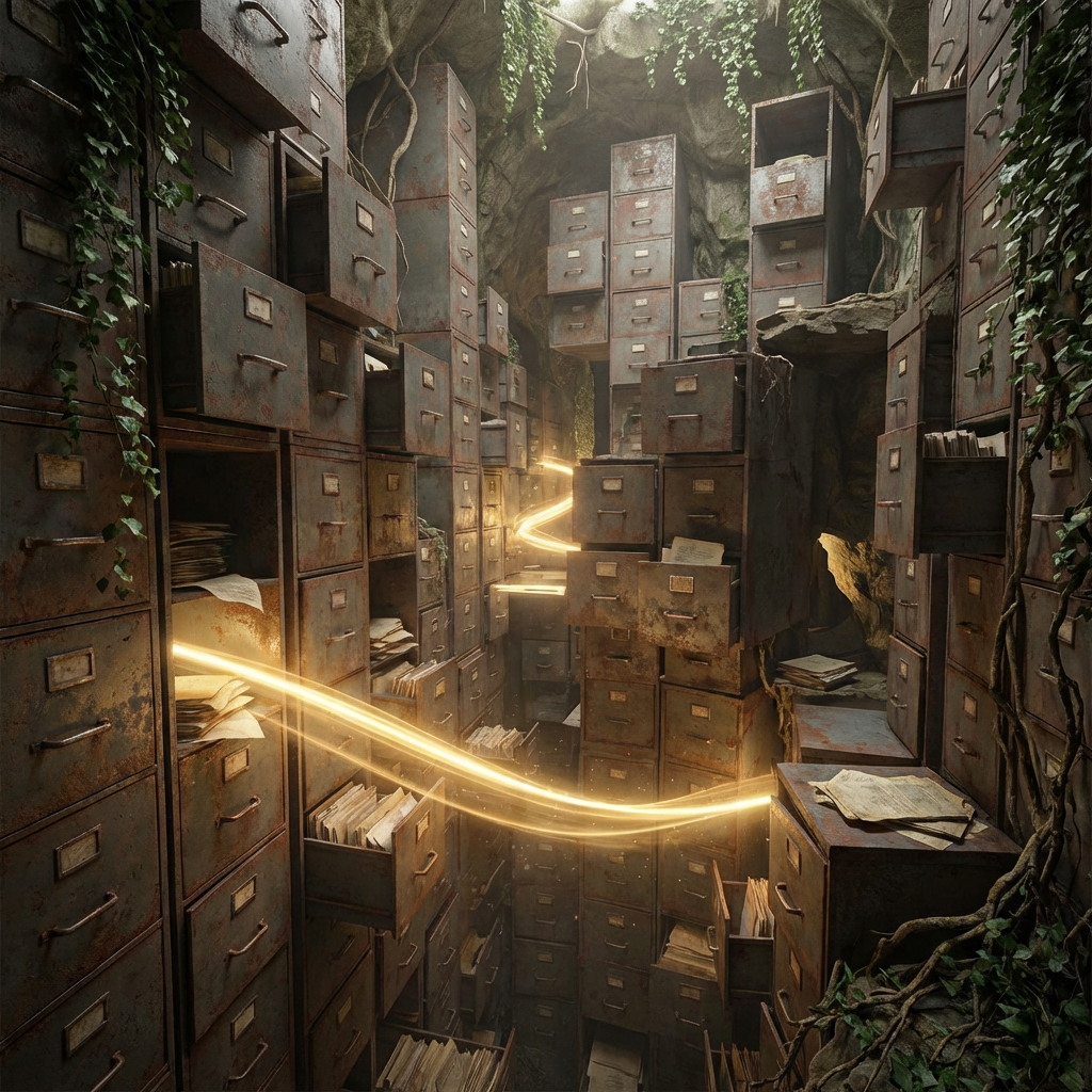 Glowing light trail weaving through rusty filing cabinets in an overgrown cave archive.