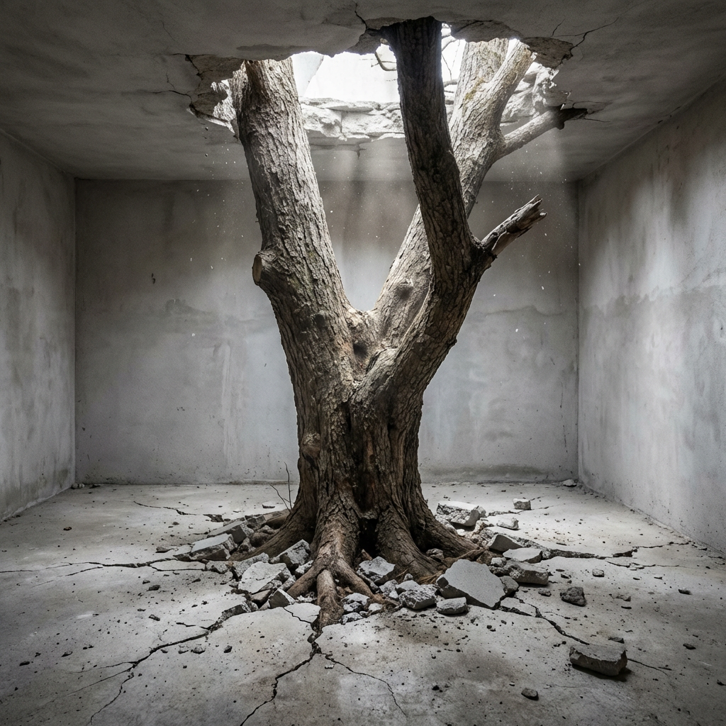Large tree trunk breaking through the concrete floor and ceiling of a grey room.