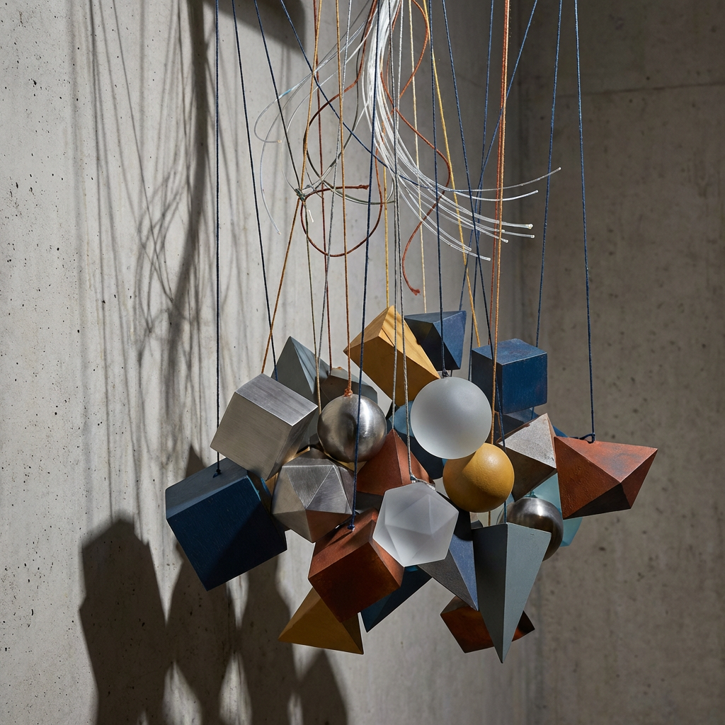 Suspended geometric shapes in various materials and colors hanging against a textured concrete wall.