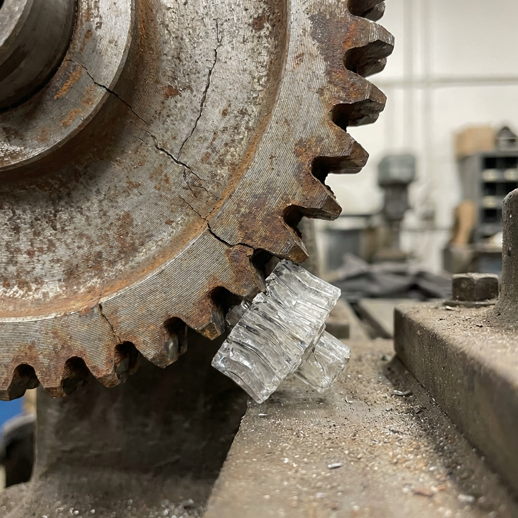 A small, clear glass gear jammed beneath the teeth of a large, cracked, rusty metal gear.