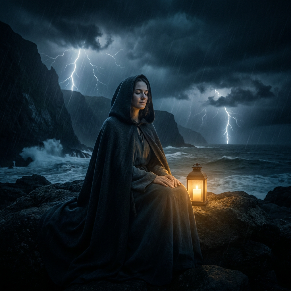 A woman in a hooded cloak sits by a lantern during a coastal lightning storm.