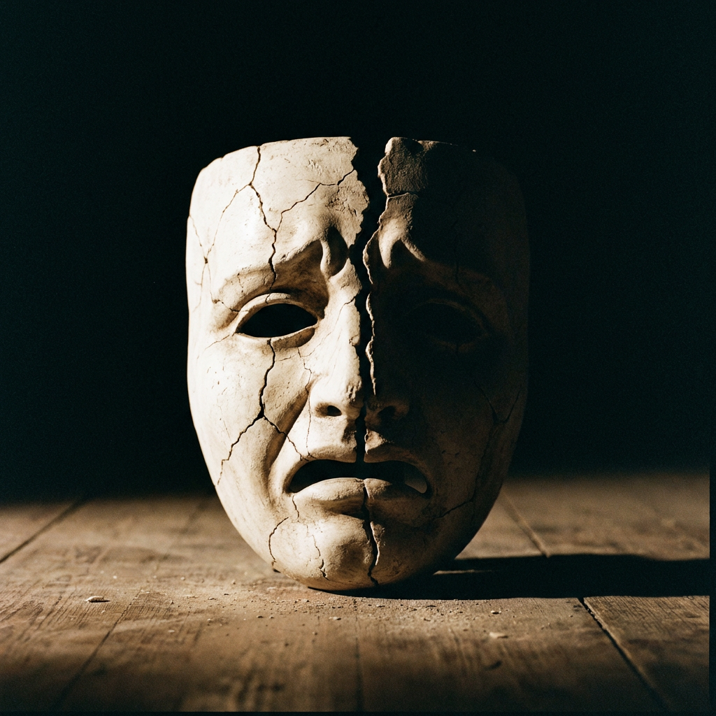 A cracked, sorrowful theater mask sitting on a rustic wooden floor in dramatic lighting.